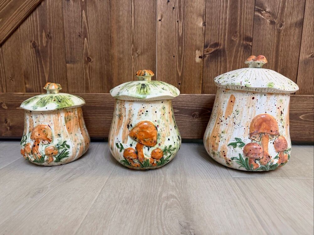 Vintage Arnels Ceramic Mushroom Canister Set of 3 Orange Green 1970s Kitchen (91